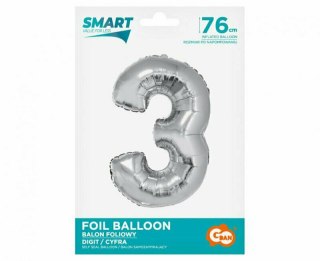 Balon foliowy Smart, Cyfra 3, srebrna, 76 cm