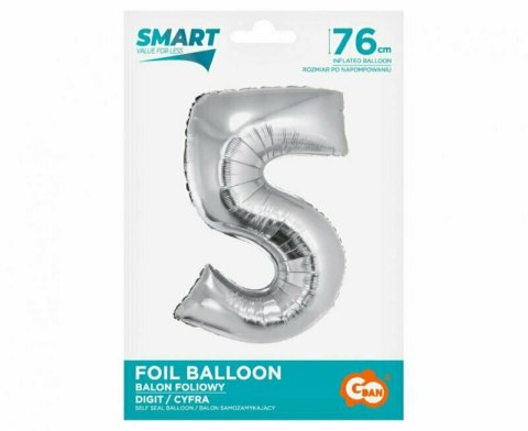 Balon foliowy Smart, Cyfra 5, srebrna, 76 cm