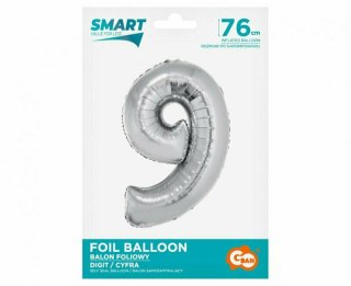 Balon foliowy Smart, Cyfra 9, srebrna, 76 cm