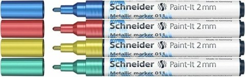 Marker akrylowy SCHNEIDER Paint-It Metallic 2 mm, 4 kolory - niebieski, czerowny, żółty, zielony cena za op