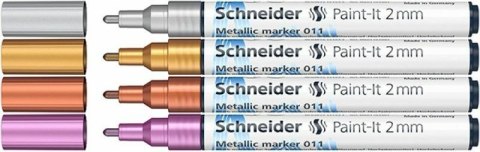 Marker akrylowy SCHNEIDER Paint-It Metallic 2 mm, 4 kolory - srebrny, złoty, miedziany, fioletowy cena za op