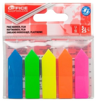 Zakładki indeksujące OFFICE PRODUCTS strzałka, PP, 12x45mm, 5x25 kart., zawieszka, mix kolorów p10