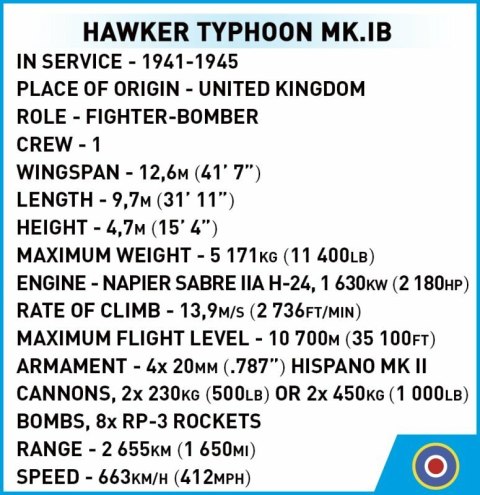 COBI 5864 Historical Collection WWII Brytyjski samolot myśliwsko-bombowy Hawker Typhoon Mk.1B 190 klocków