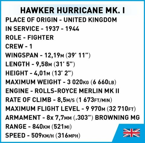 COBI 5866 Historical Collection WWII Samolot Hawker Hurricane Mk.1 138 klocków