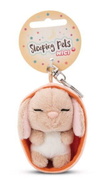 NICI 49984 Brelok Sleeping Pets królik karmelowy z długimi uszami 8cm, koszyk pomarańczowy