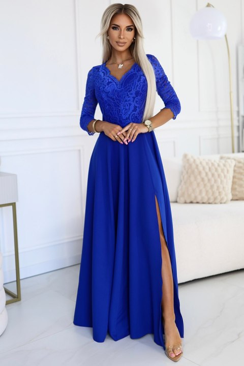 309-12 AMBER elegancka długa koronkowa suknia z dekoltem - kolor CHABROWY - XXL 309-12 AMBER elegancka długa koronkowa suknia z dekoltem - kolor CHABROWY - XXL