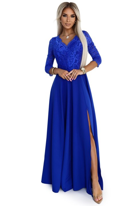 309-12 AMBER elegancka długa koronkowa suknia z dekoltem - kolor CHABROWY - XXL 309-12 AMBER elegancka długa koronkowa suknia z dekoltem - kolor CHABROWY - XXL