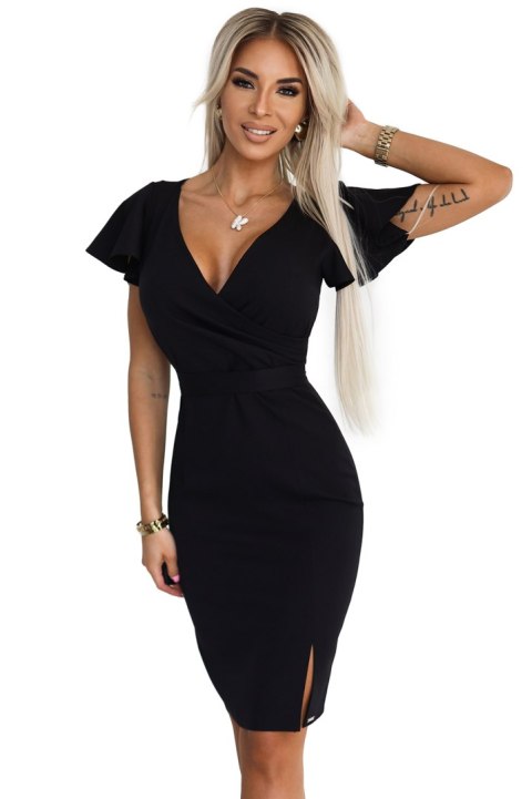 479-9 NINA elegancka sukienka z kopertowym dekoltem, rękawkiem i paskiem - CZARNA - XL 479-9 NINA elegancka sukienka z kopertowym dekoltem, rękawkiem i paskiem - CZARNA - XL