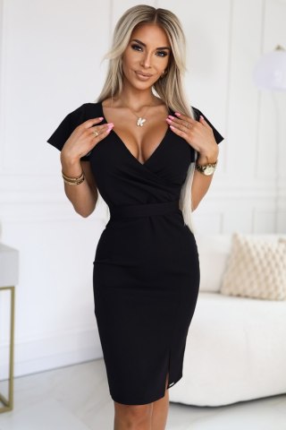 479-9 NINA elegancka sukienka z kopertowym dekoltem, rękawkiem i paskiem - CZARNA - XL